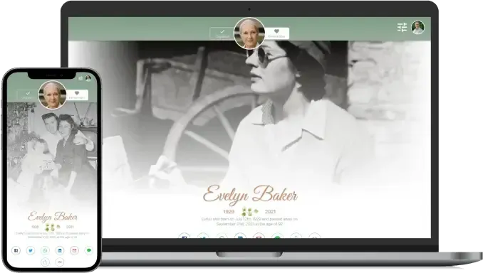 Laptop and phone showing a minimalist website with a black-and-white portrait and the name “Evelyn Baker”