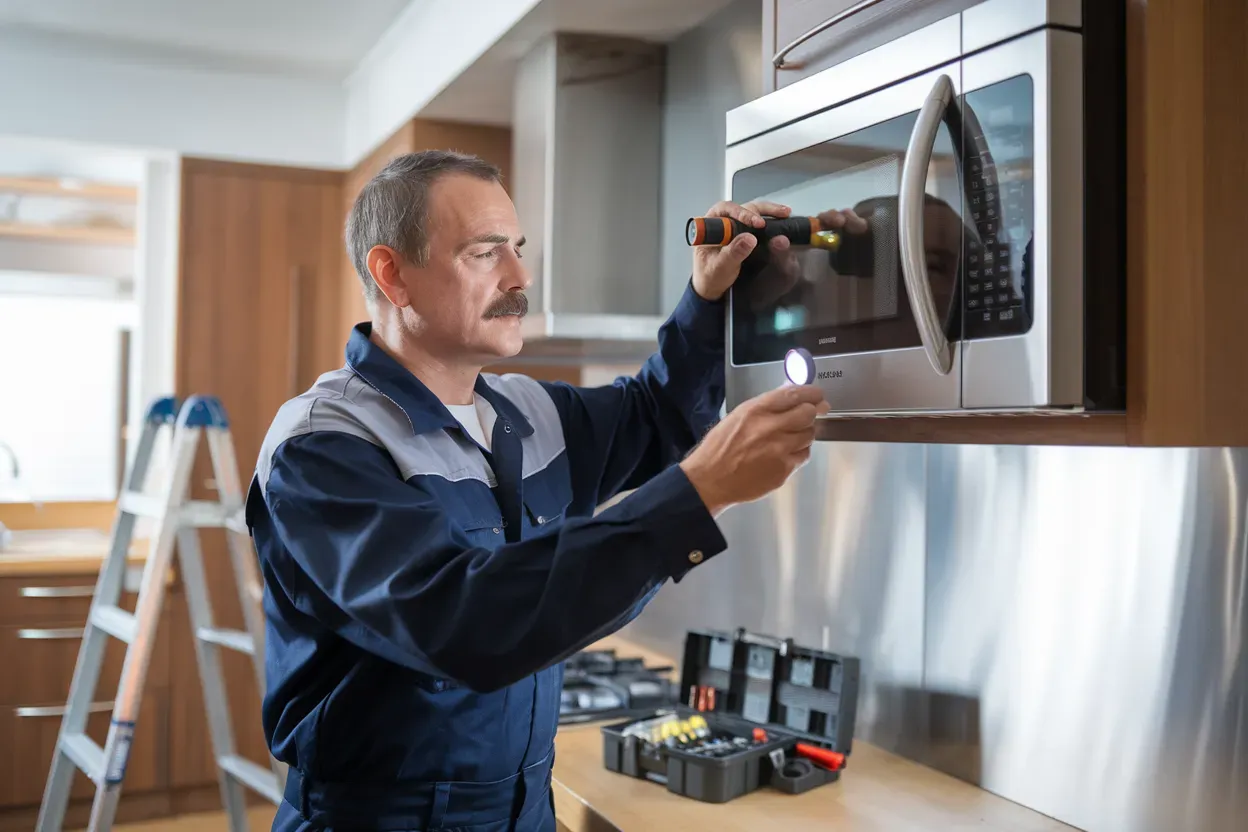 A man is fixing a microwave in a kitchen.