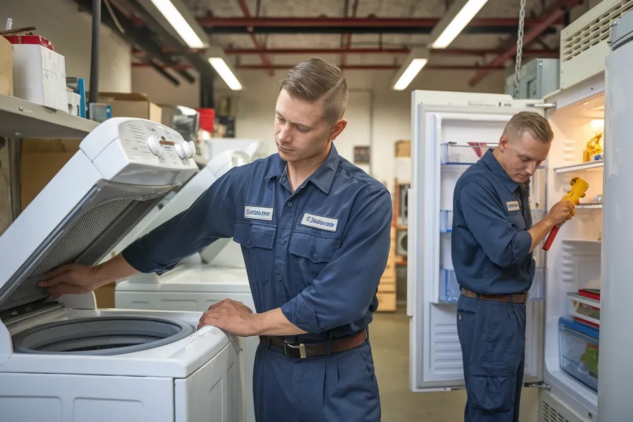 Two men are working on a washing machine and a refrigerator in a garage.