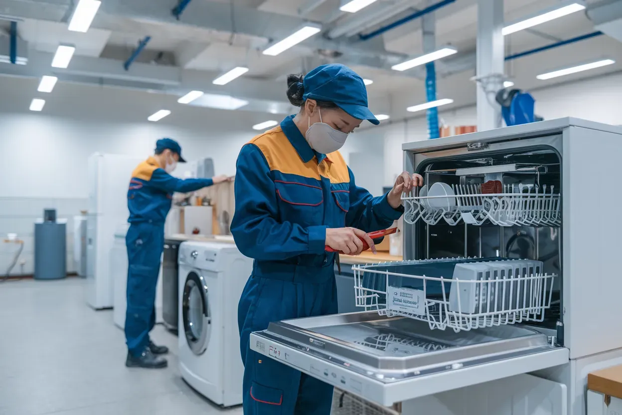 A woman wearing a mask is working on a dishwasher in a factory.