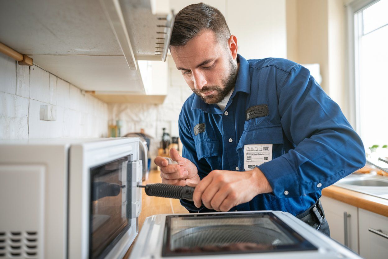 A man is fixing a microwave in a kitchen.