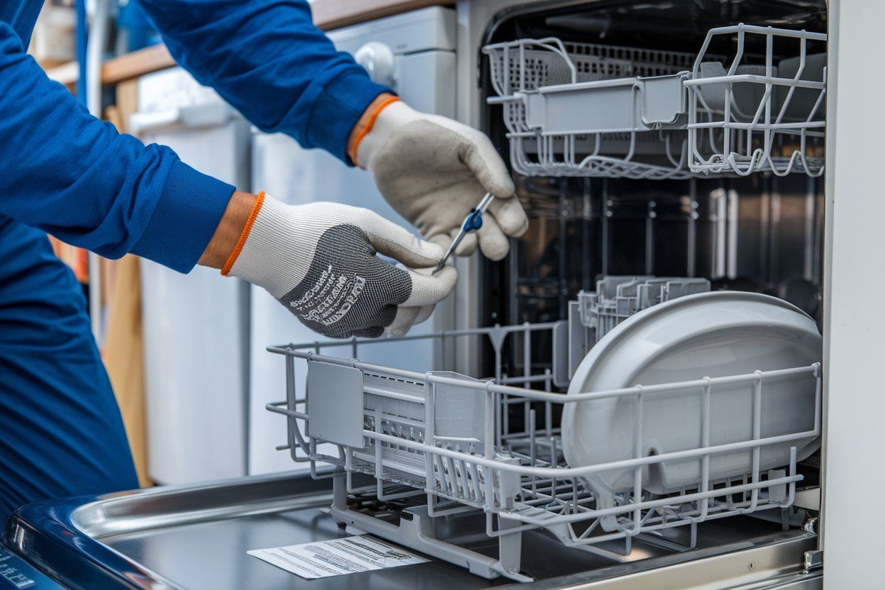 A man is fixing a dishwasher in a kitchen.