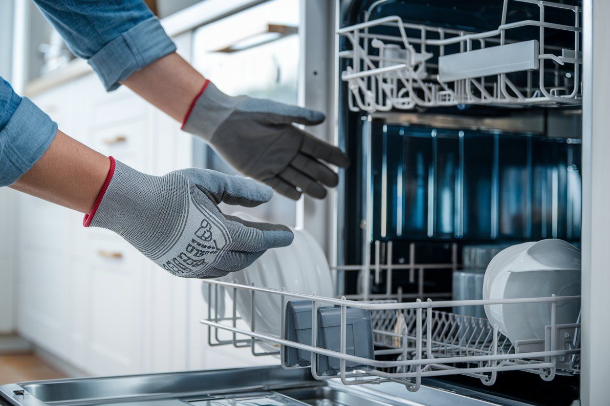 A person is cleaning a dishwasher in a kitchen.