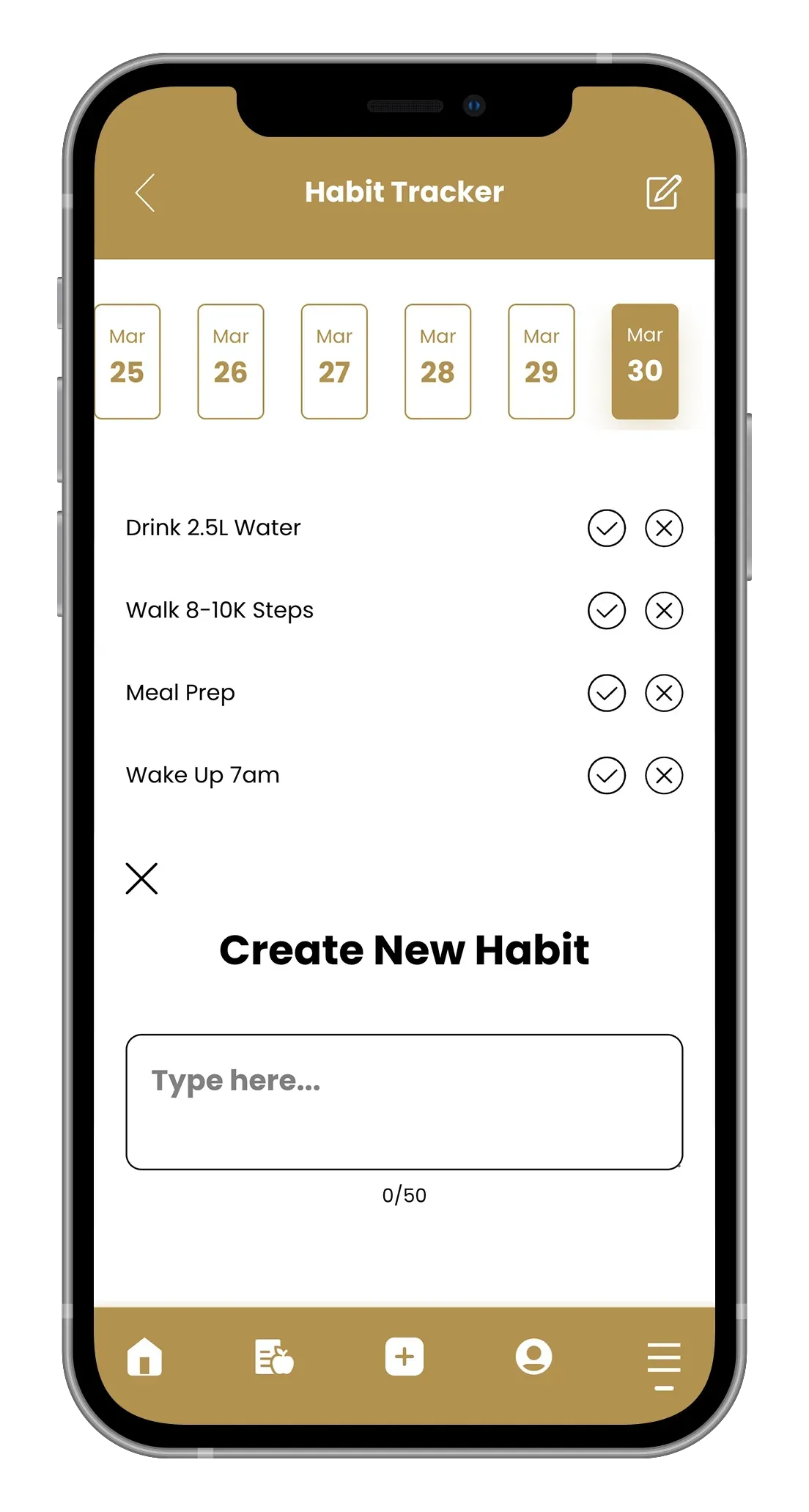 A gold-themed habit tracking app on a smartphone, displaying a daily task list and a "Create New Habit" text input field.