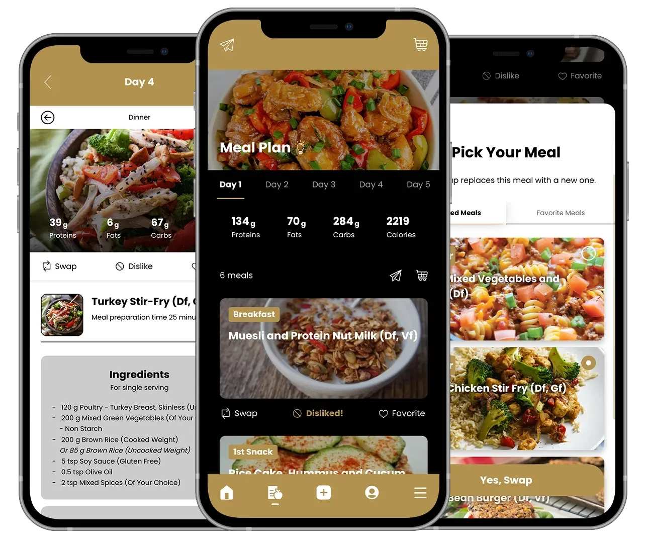 Three smartphones side-by-side displaying a meal planning application with recipe details, daily goals, and food selections.