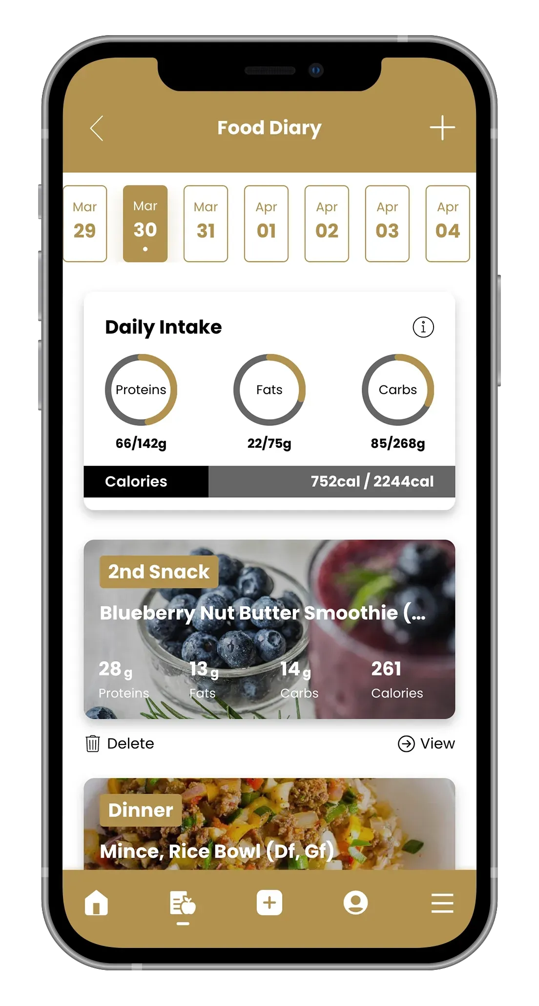 A mobile app screen displaying a daily food diary with nutritional tracking, consumption logs, and navigation tabs.