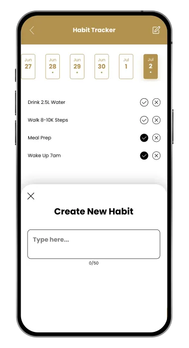 A gold-themed habit tracking app on a smartphone, displaying a daily task list and a "Create New Habit" text input field.