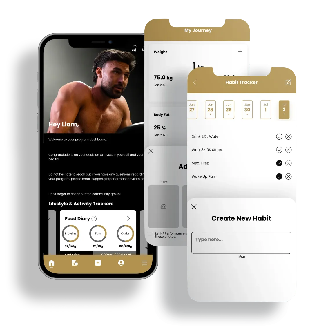 Three smartphones side-by-side displaying a meal planning application with recipe details, daily goals, and food selections.