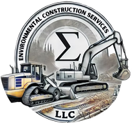 Logo for Environmental Construction Services LLC featuring a Greek sigma symbol, a bulldozer, and an excavator on a site.