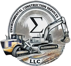 Logo for Environmental Construction Services LLC featuring a Greek sigma symbol, a bulldozer, and an excavator on a site.