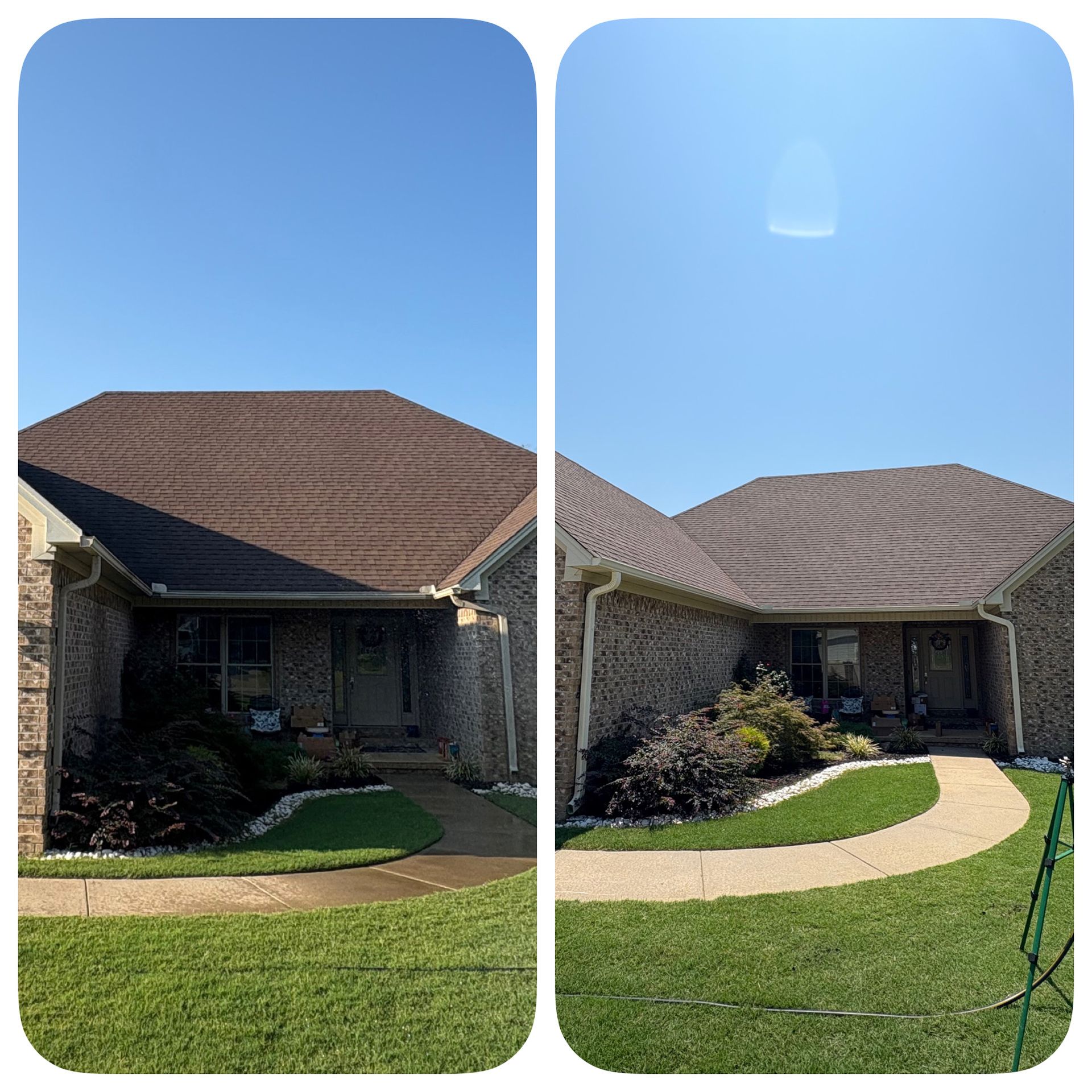 Before and after photos show a house roof cleaned of dark stains, restoring the shingles' original color.