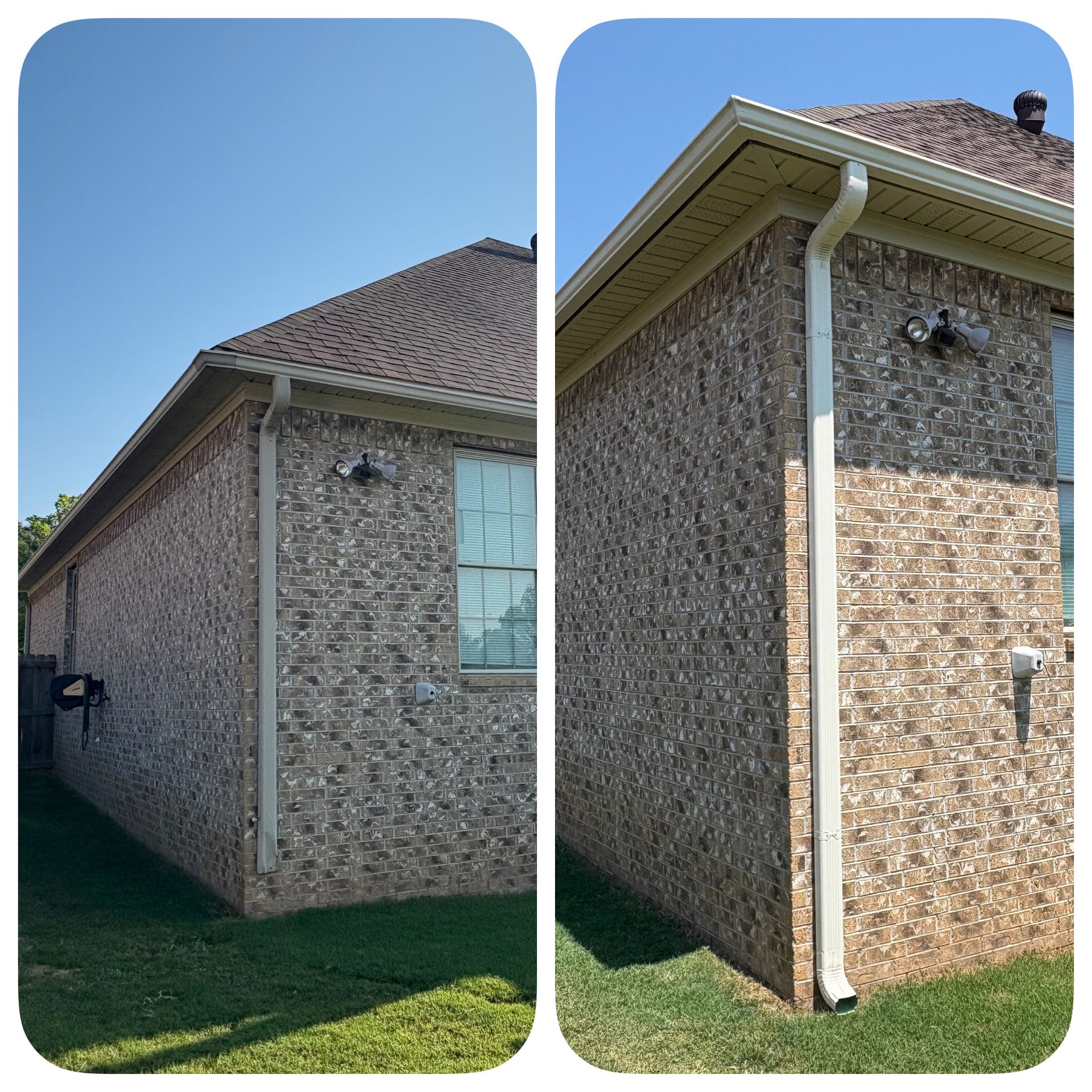 Before and after comparison of a house exterior showing the installation of a new white downspout on a brick wall.