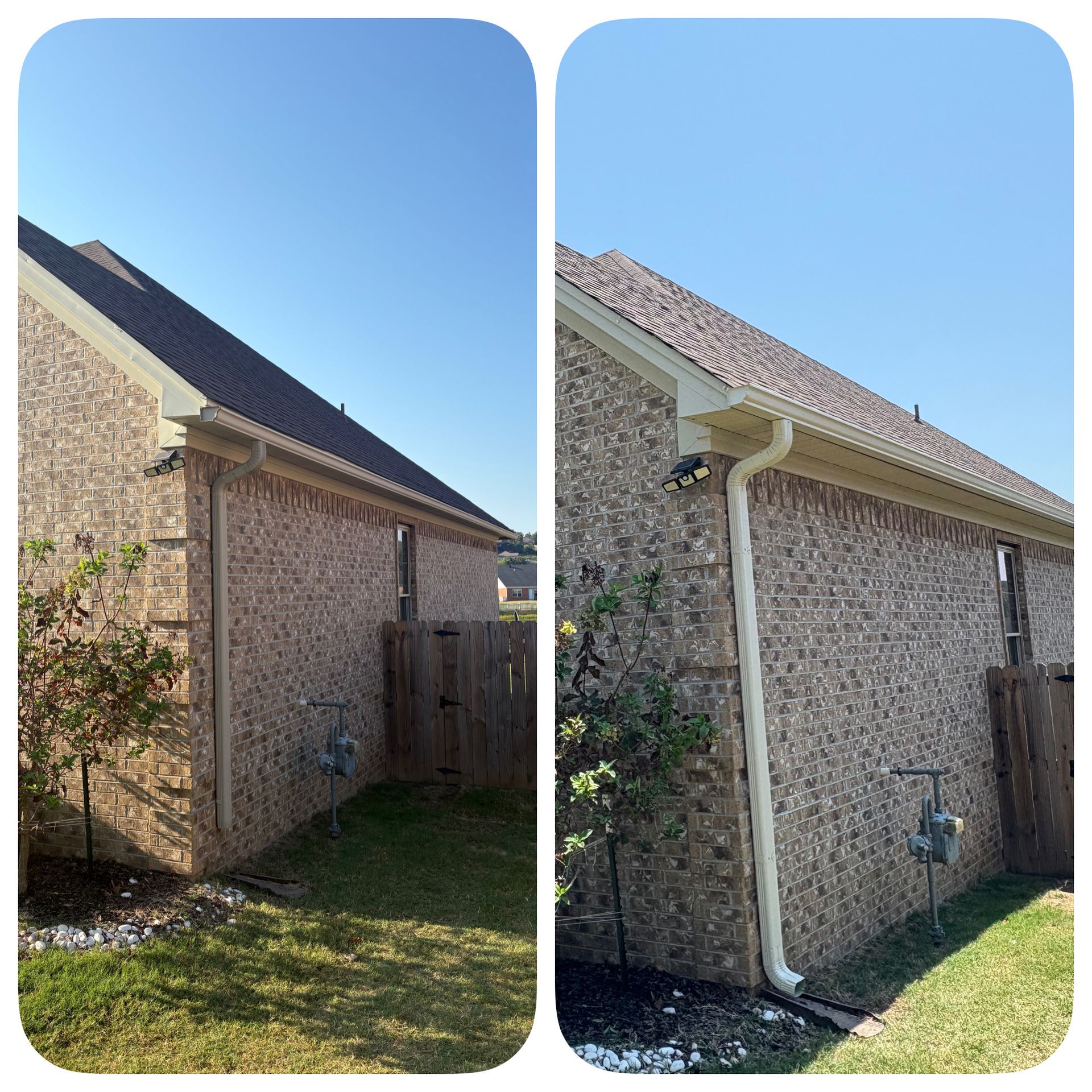 Before and after comparison of a house exterior showing the installation of a new white downspout on the brick wall.