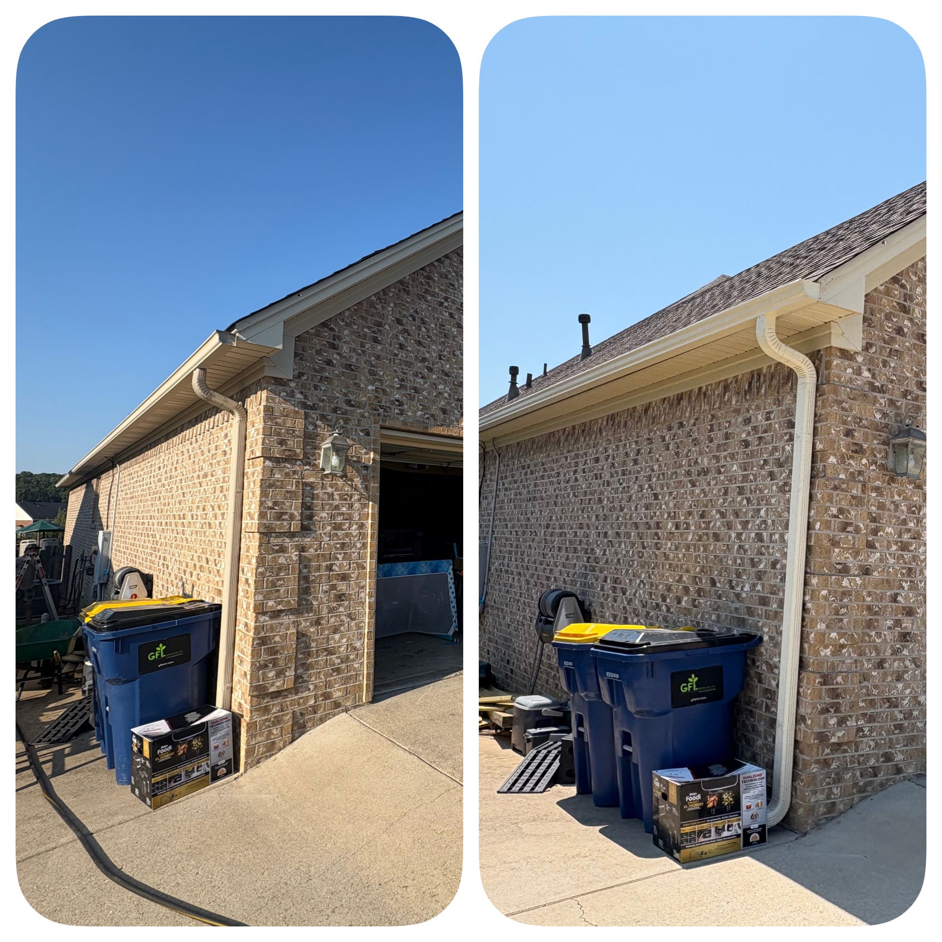 Before and after comparison of a home exterior showing the addition of a new white downspout on a brick wall.