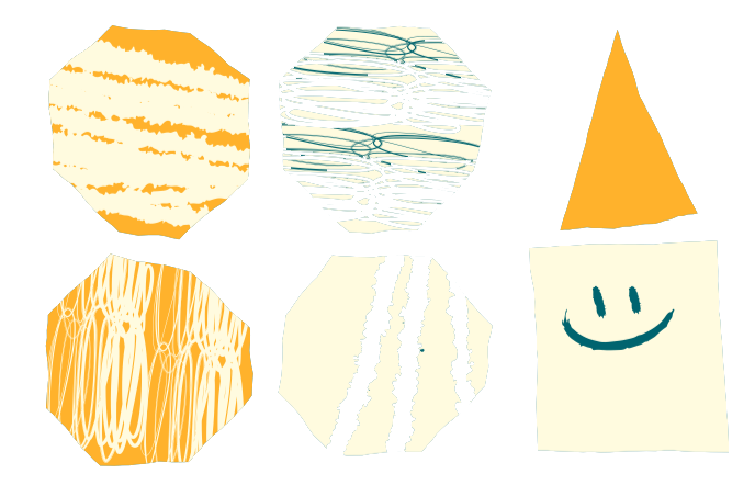 Six shapes with textured patterns and a smiley face. Colors include yellow, orange, and teal.