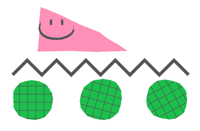 Pink smiling triangle above a zig-zag line over three green, grid-patterned circles.