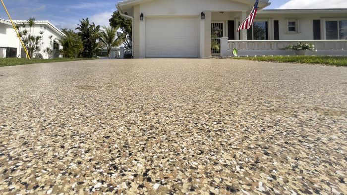 A driveway leading to a house with a garage door.