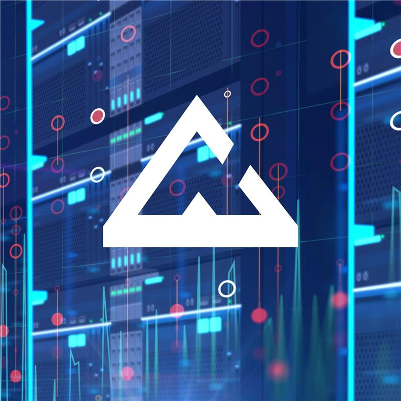 White abstract triangle logo over a blue digital server background with red circuit nodes