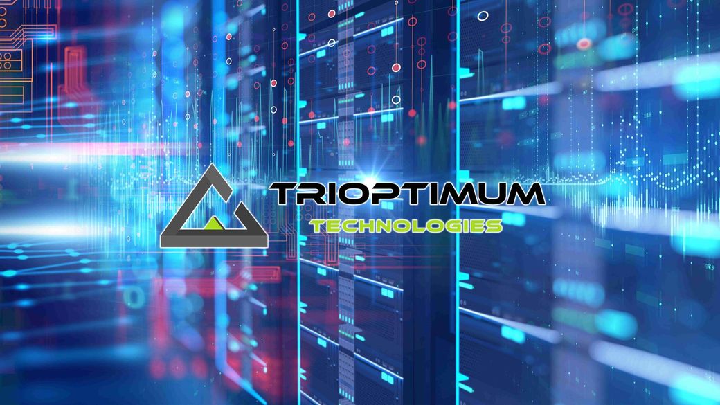 TriOptimum Technologies logo on a blue futuristic digital grid background