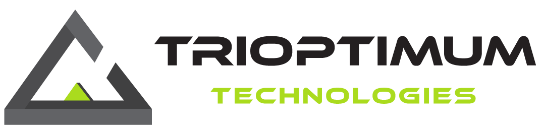 Trioptimum Technologies logo with gray triangle and black and green text on white background
