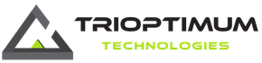 Trioptimum Technologies logo with gray triangle and black and green text on white background
