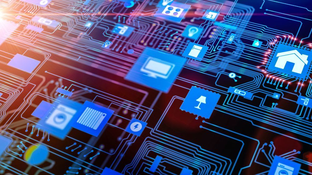 Blue digital network with glowing smart-home icons over circuit lines