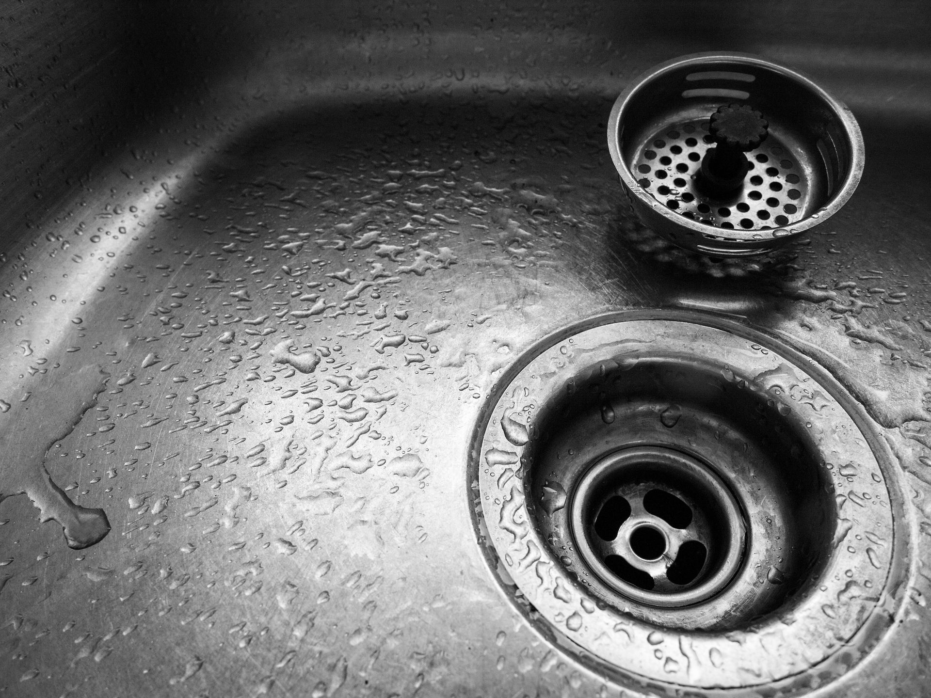 Wet stainless steel sink with drain and strainer basket, seen from above