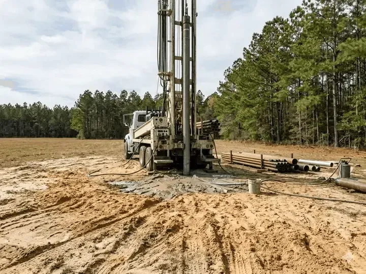 Drilling rig on a muddy construction site with pine trees in the background