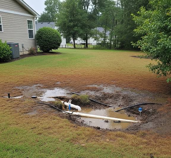 Waterlogged backyard with a muddy sinkhole exposing a white pipe and blue sprinkler head.