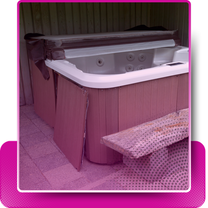 An old hot tub with faded pink gradient and a rectangular shape behind it.