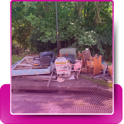 A pile of discarded things with pink fade gradient and a rectangular shape behind it.