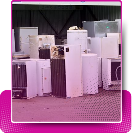 A pile of discarded appliance with faded pink gradient and a rectangular shape behind it.