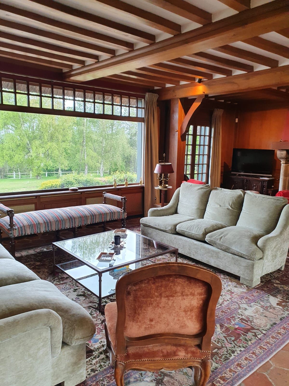 Salon chaleureux avec canapés beiges, fauteuil décoré et table basse en verre sur un tapis à motifs. Grande fenêtre avec vue et poutres apparentes.