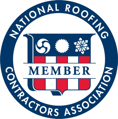 National Roofing Contractors Association member logo: blue circle with text, emblem with red/white stripes.