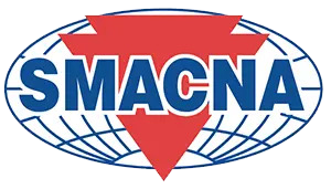 SMACNA logo: Red inverted triangle on oval with text