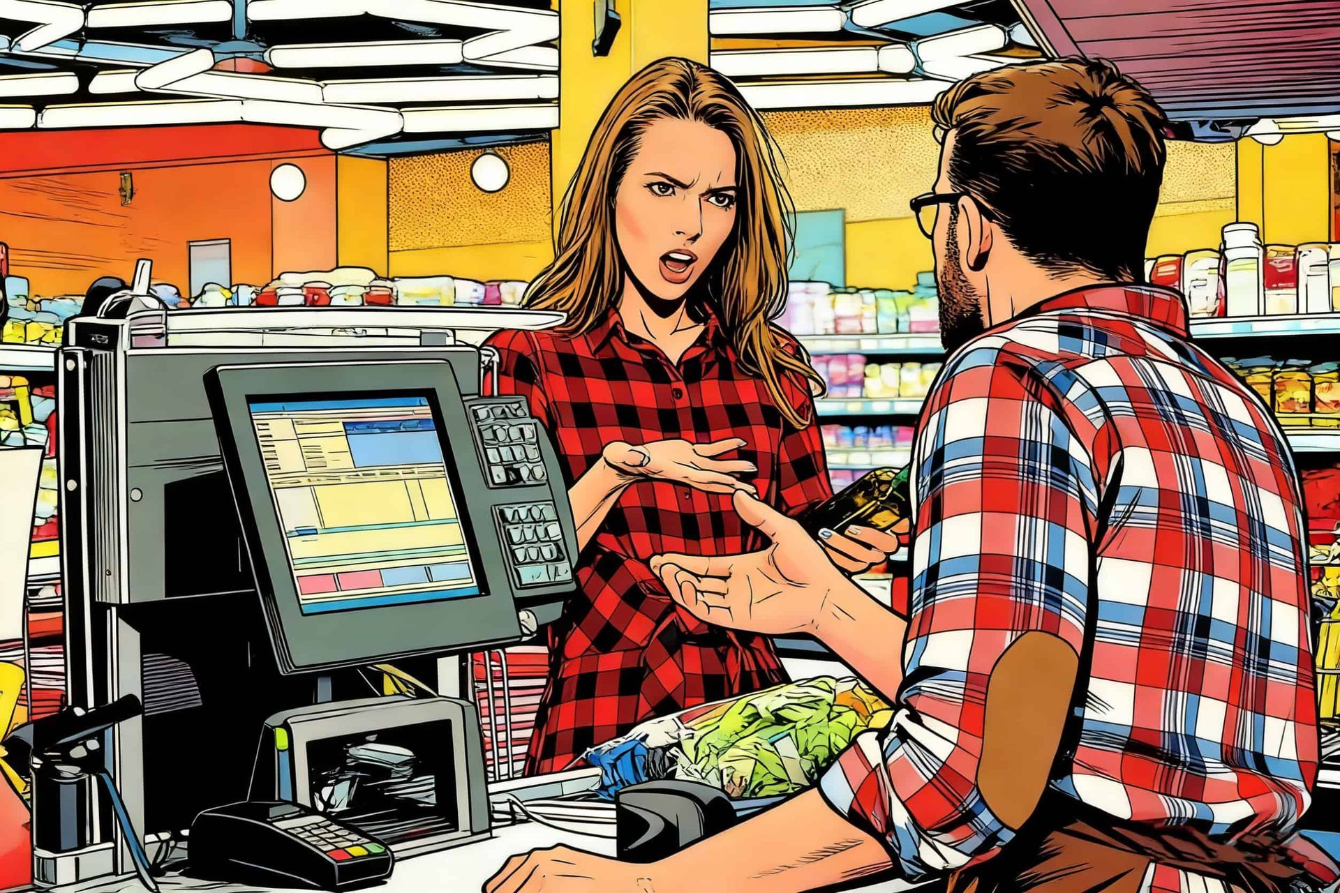 Woman with a plaid shirt argues with a cashier at a grocery store checkout counter; both appear frustrated.