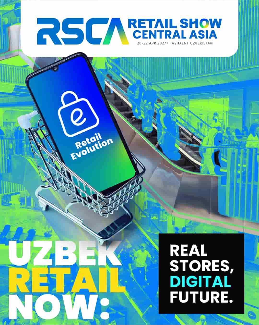 Poster for RSC Retail Show Central Asia: smartphone in shopping cart, “UZBEK RETAIL NOW!” and “REAL STORES, DIGITAL FUTURE.”