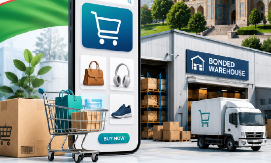 Online shopping and shipping scene with a smartphone, cart, packages, and a bonded warehouse truck