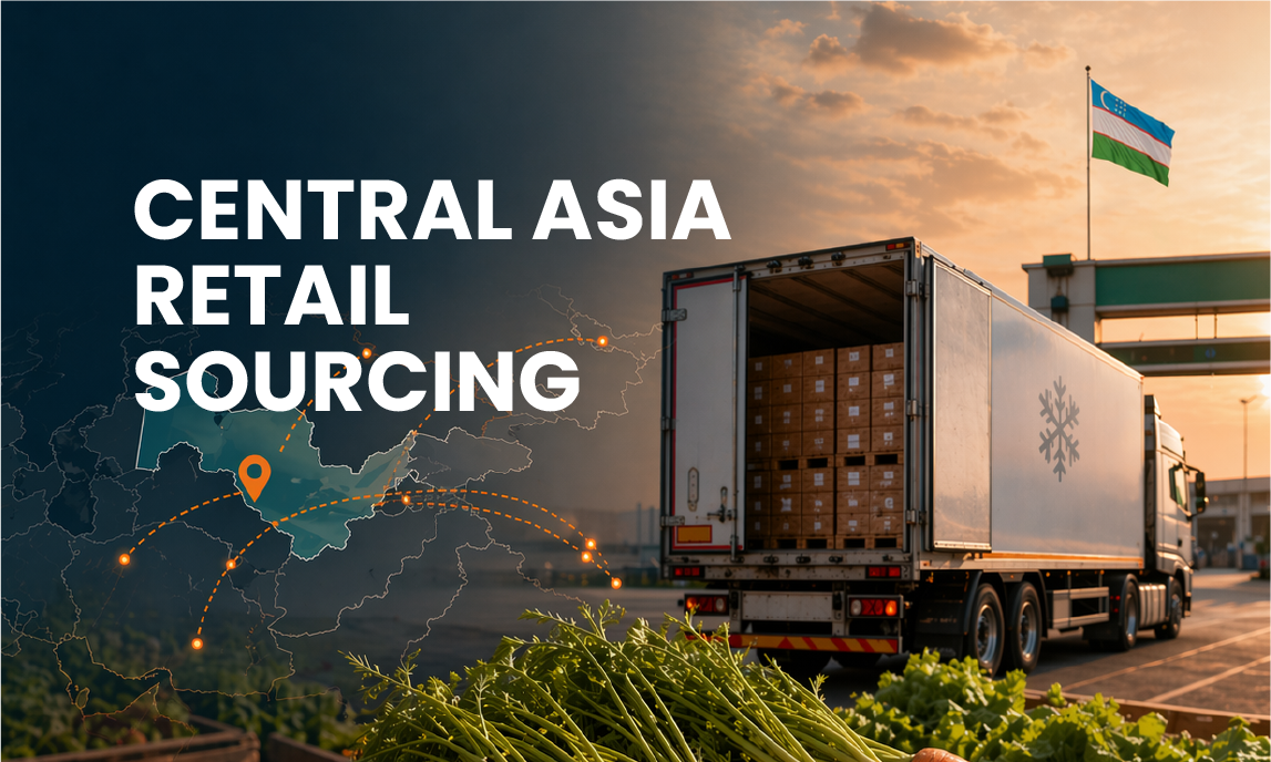 Central Asia retail sourcing banner with cargo truck, container, and map graphic at sunset