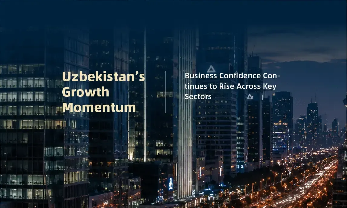 City skyline at dusk with illuminated towers and text reading “Uzbekistan’s Growth Momentum.”