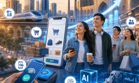 People using a smartphone with shopping icons and AI graphics in a city skyline setting