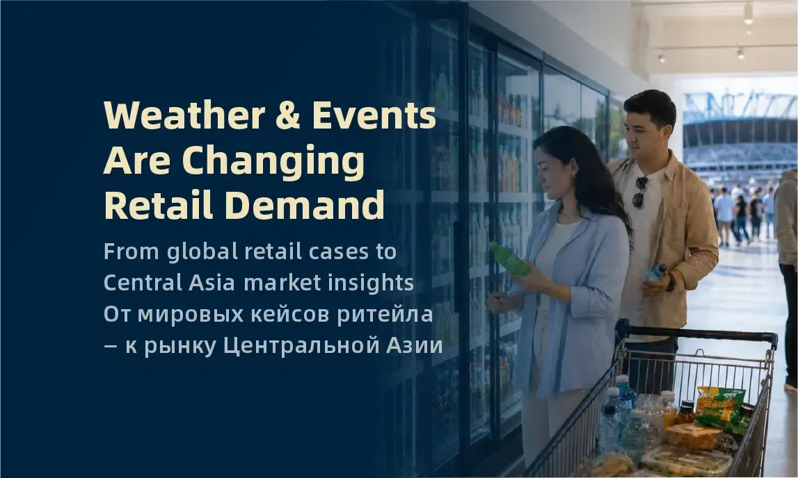 Storefront display with shoppers and text: “Weather & Events Are Changing Retail Demand.”