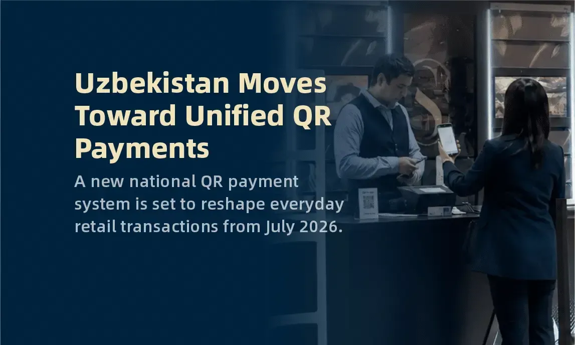 Uzbekistan QR payment announcement over a blue-toned office scene with two people using a smartphone