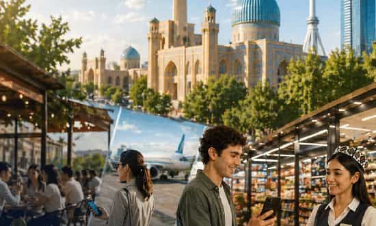 Outdoor market with people chatting, framed by a grand mosque with blue domes and minarets at sunset