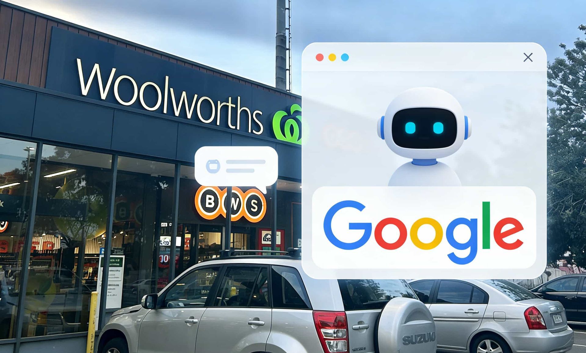Woolworths supermarket with a Google chatbot overlay.