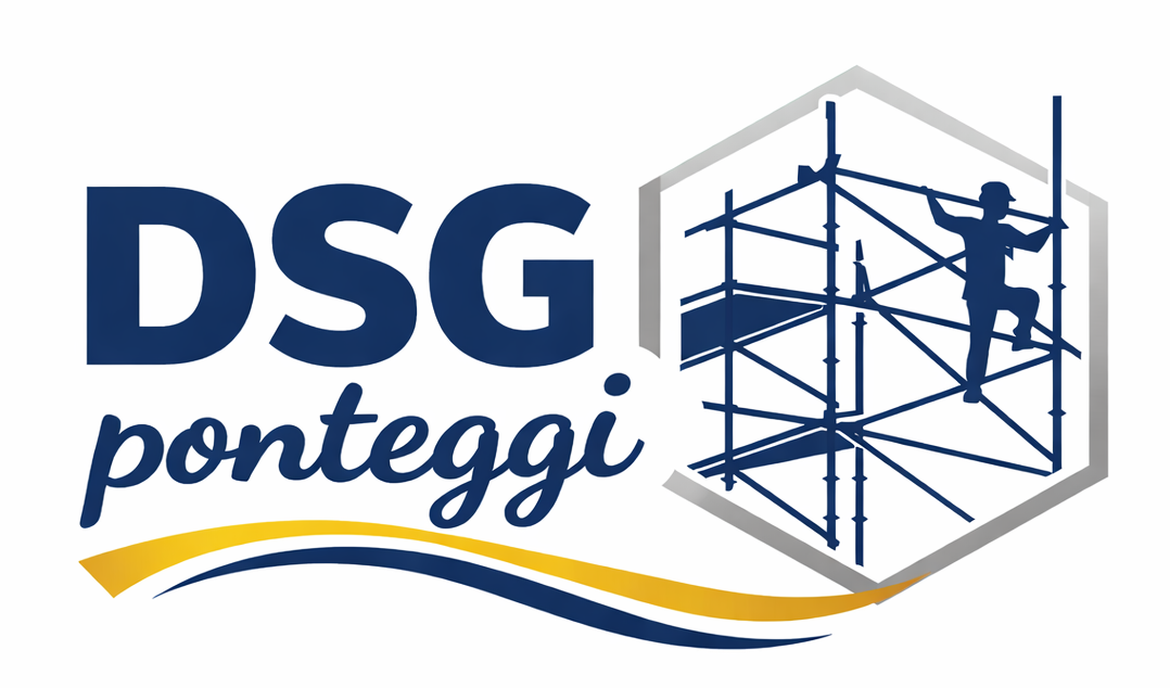 Logo: DSG ponteggi, testo blu scuro, swoosh giallo/blu, contorno esagonale con impalcatura e sagoma di un operaio.
