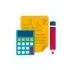 A calculator , pencil , and piece of paper on a white background.