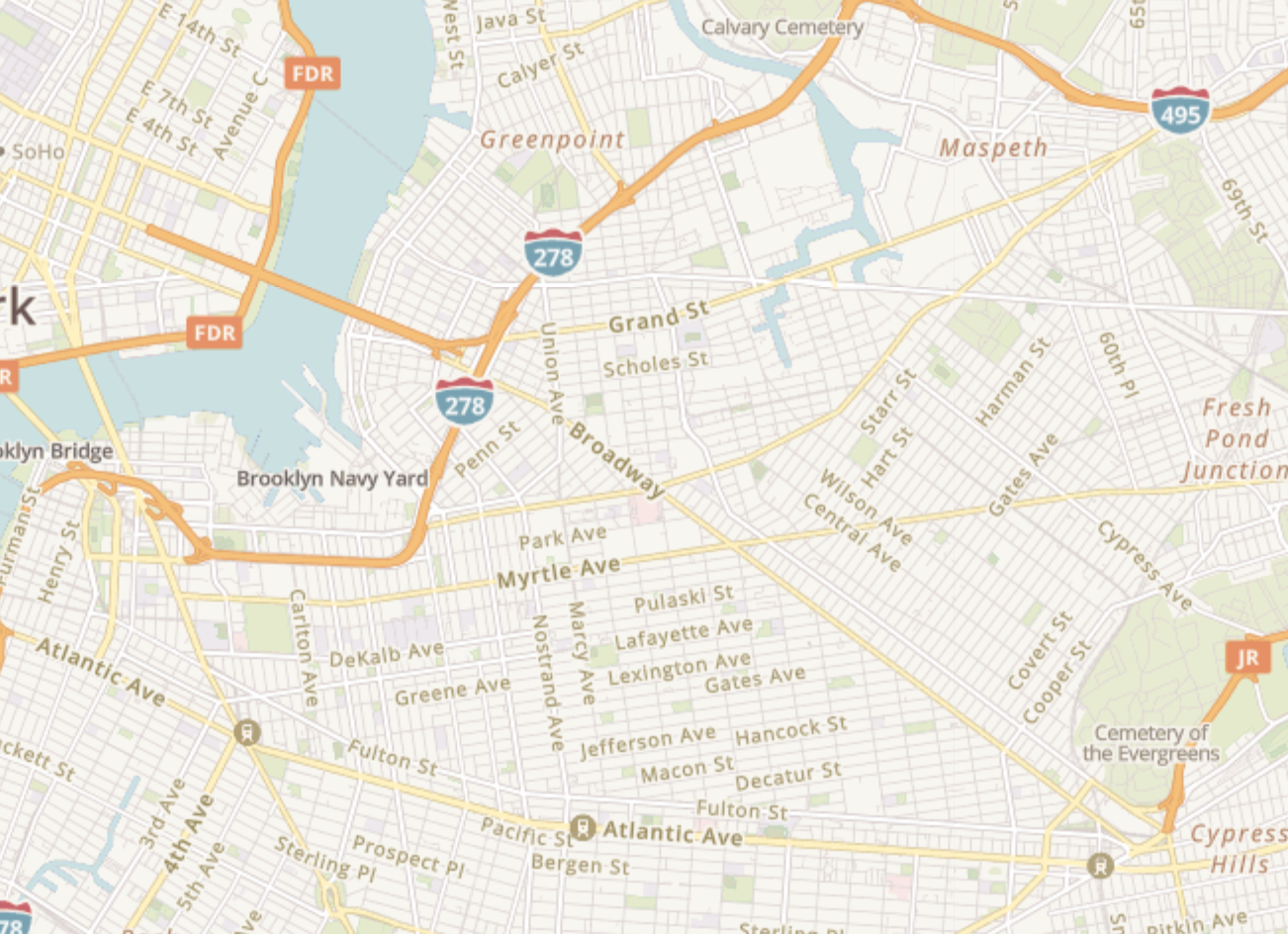 A map of new york city with a lot of streets and roads