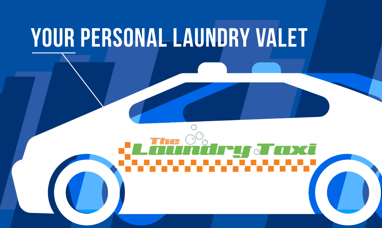 A laundry taxi is advertised on a blue background