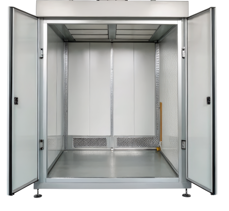 Open stainless steel cleanroom with white interior walls and floor, doors ajar.